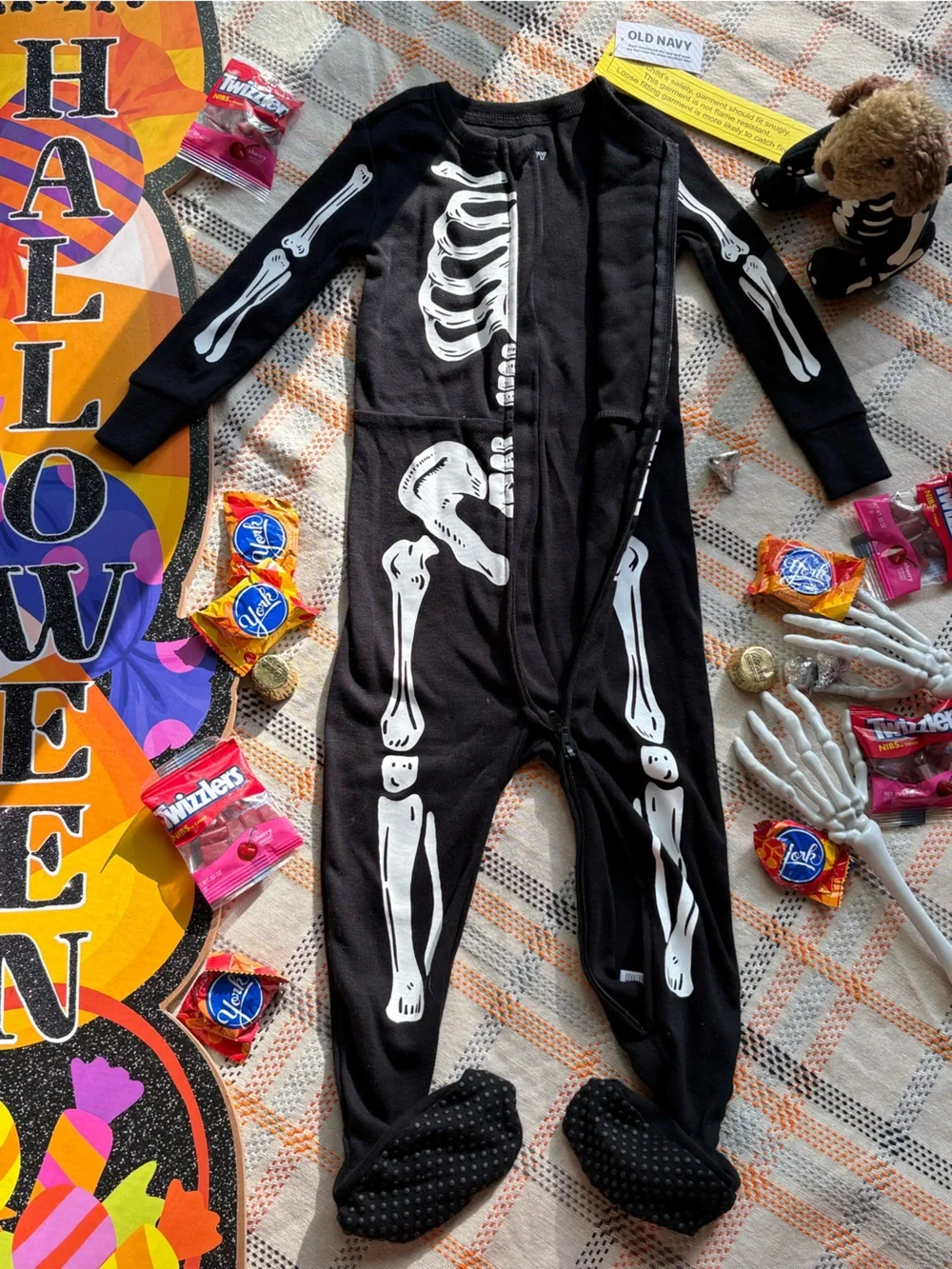 Black Skelton Snug-Fit Zip-Front Footed Pajama One-Piece For Toddler